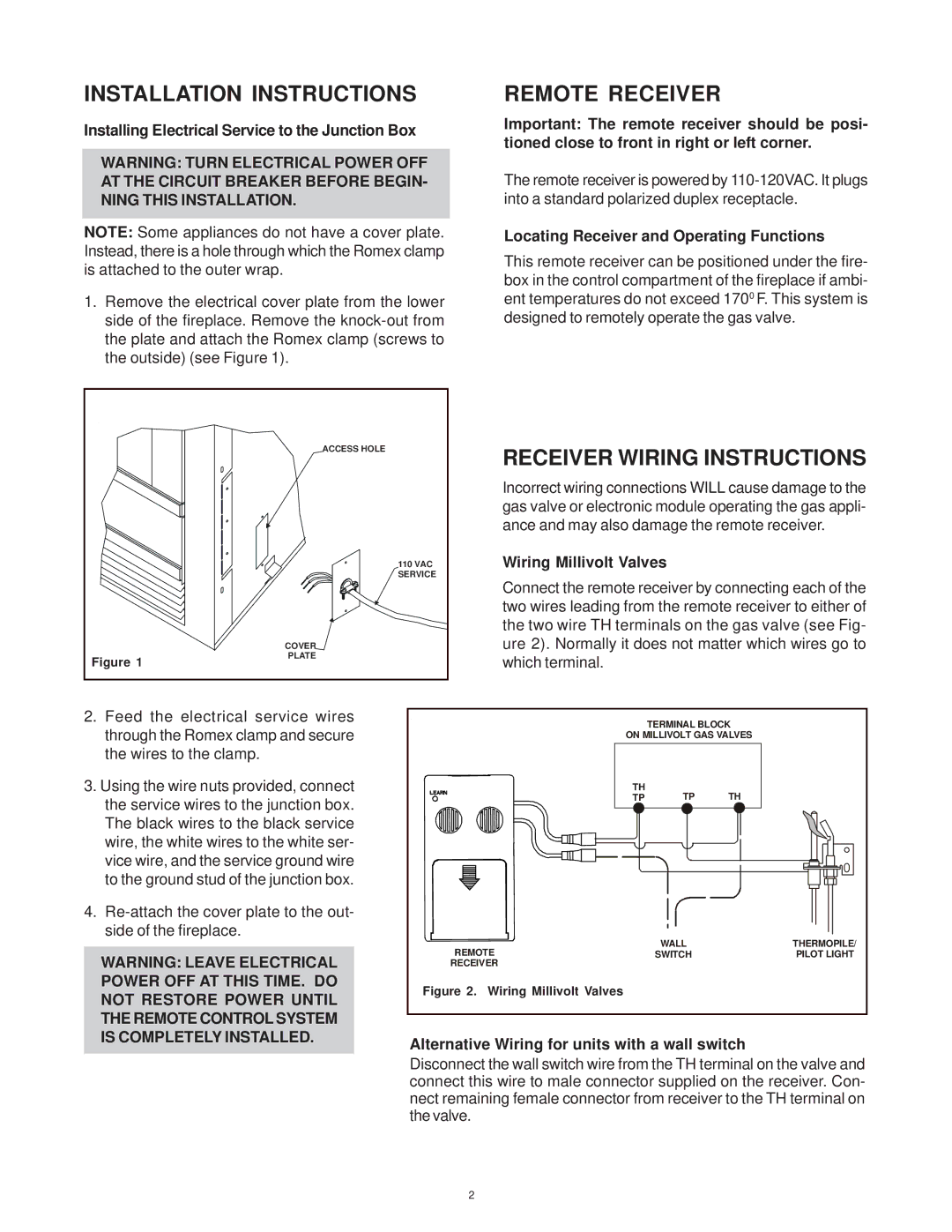 Hearth and Home Technologies SMART-STAT-II Installation Instructions, Remote Receiver, Receiver Wiring Instructions 