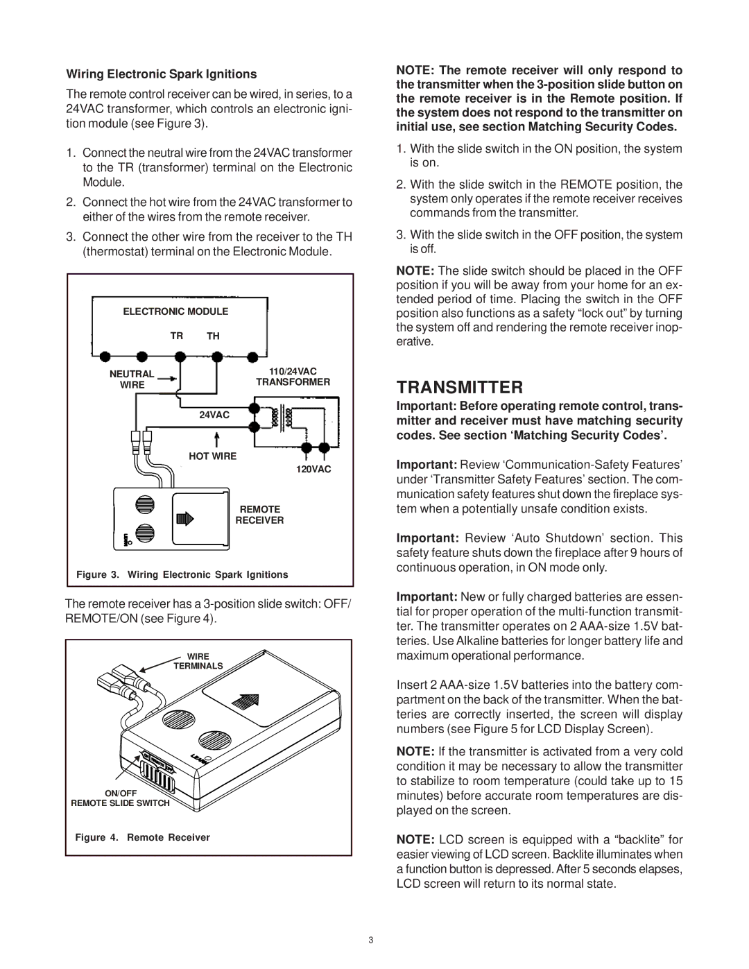 Hearth and Home Technologies SMART-STAT-II operating instructions Transmitter, Wiring Electronic Spark Ignitions 