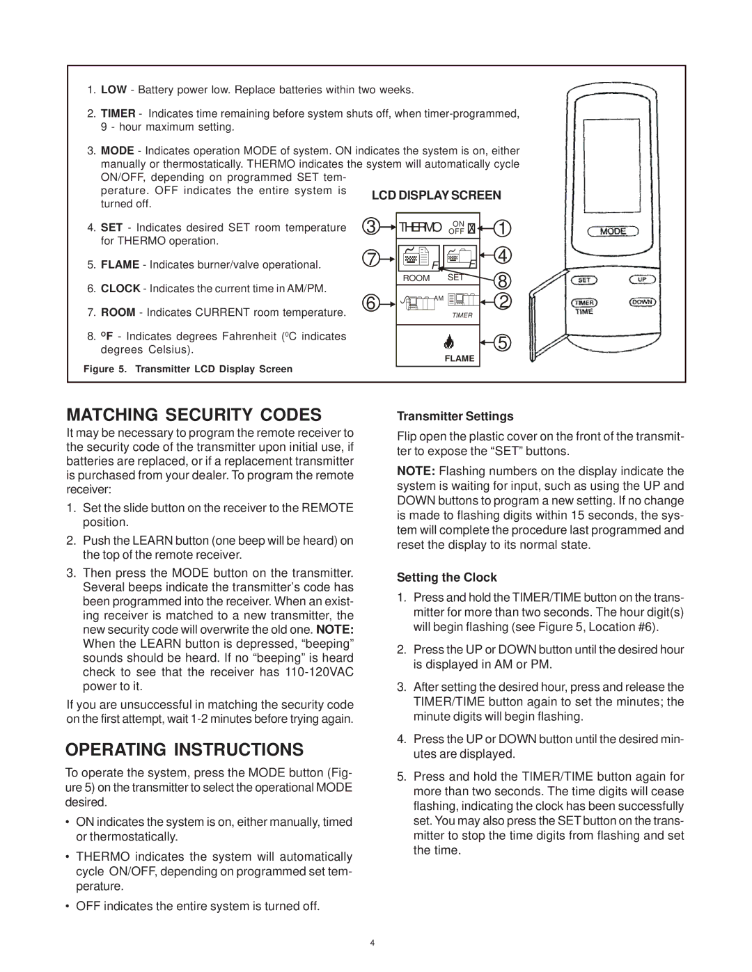 Hearth and Home Technologies SMART-STAT-II Matching Security Codes, Operating Instructions, Transmitter Settings 