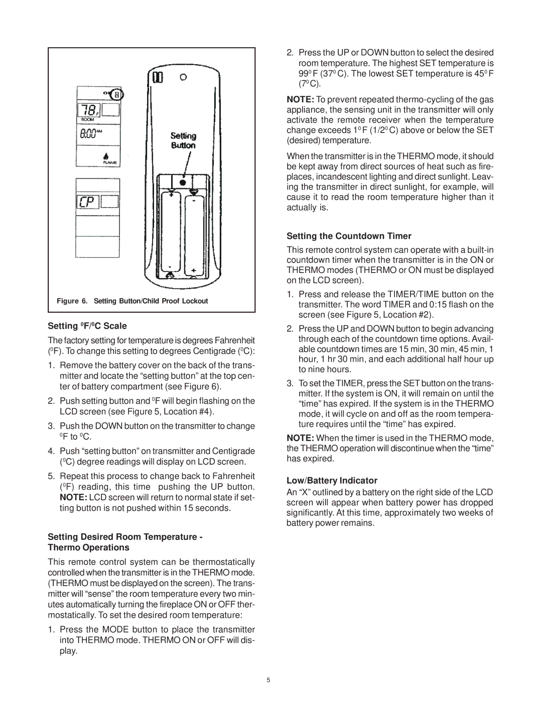 Hearth and Home Technologies SMART-STAT-II Setting 0F/0C Scale, Setting Desired Room Temperature Thermo Operations 