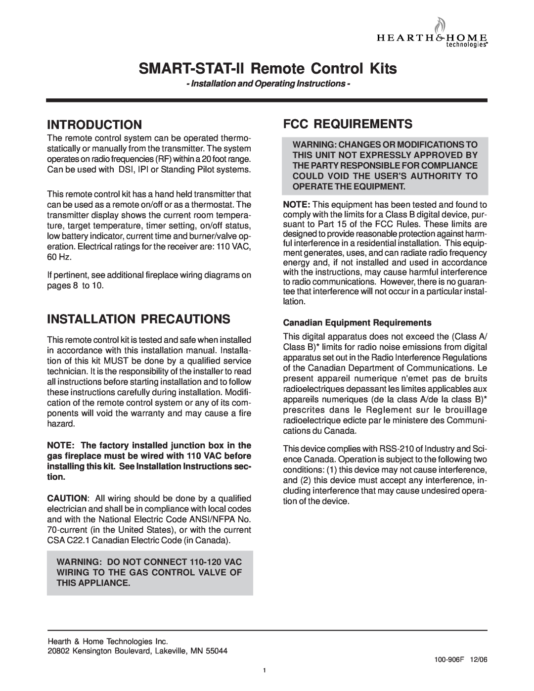 Hearth and Home Technologies SMART-STAT-II operating instructions Introduction, Fcc Requirements, Installation Precautions 