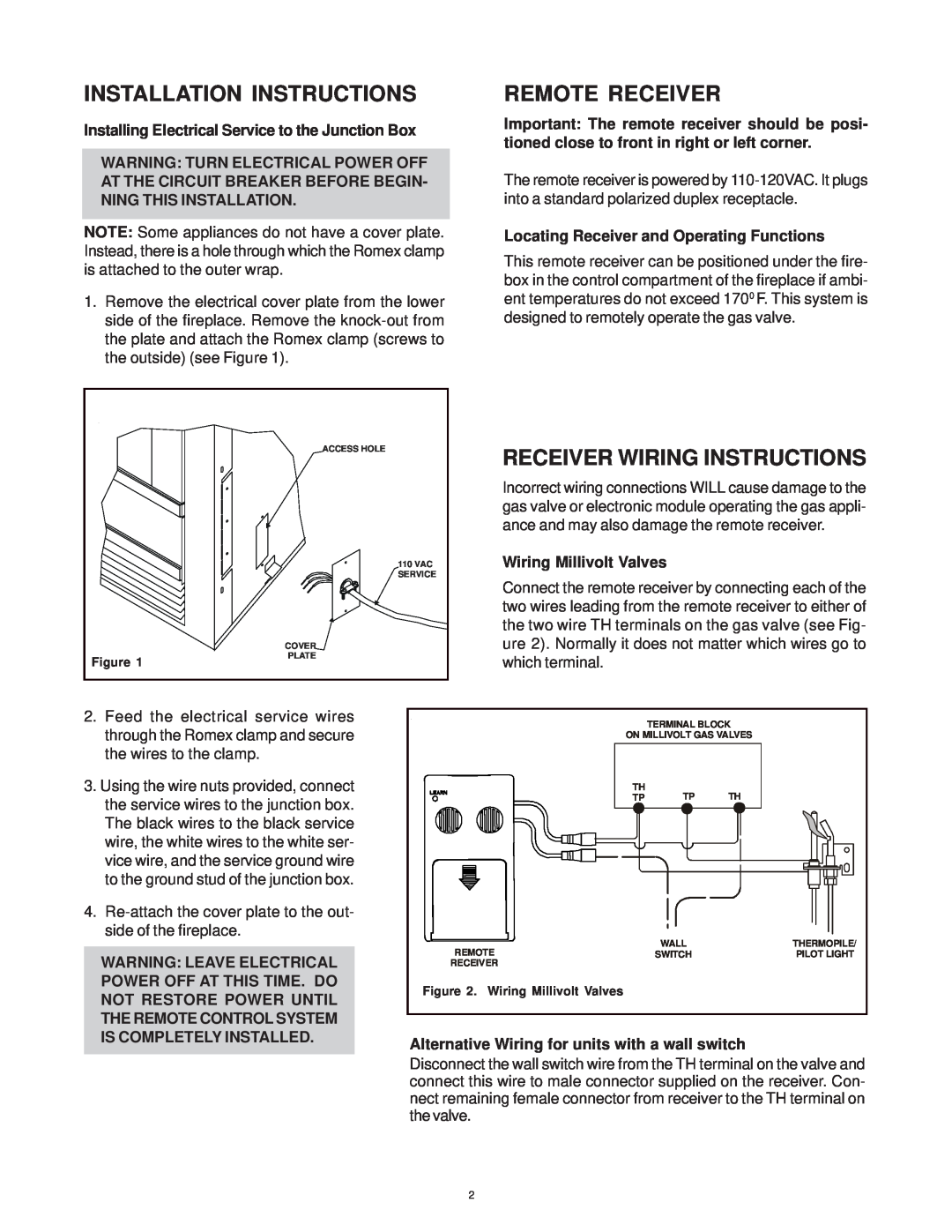 Hearth and Home Technologies SMART-STAT-II Installation Instructions, Remote Receiver, Receiver Wiring Instructions 