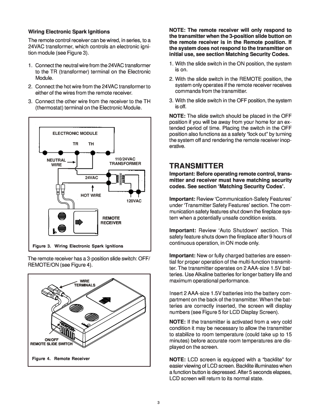 Hearth and Home Technologies SMART-STAT-II operating instructions Transmitter, Wiring Electronic Spark Ignitions 