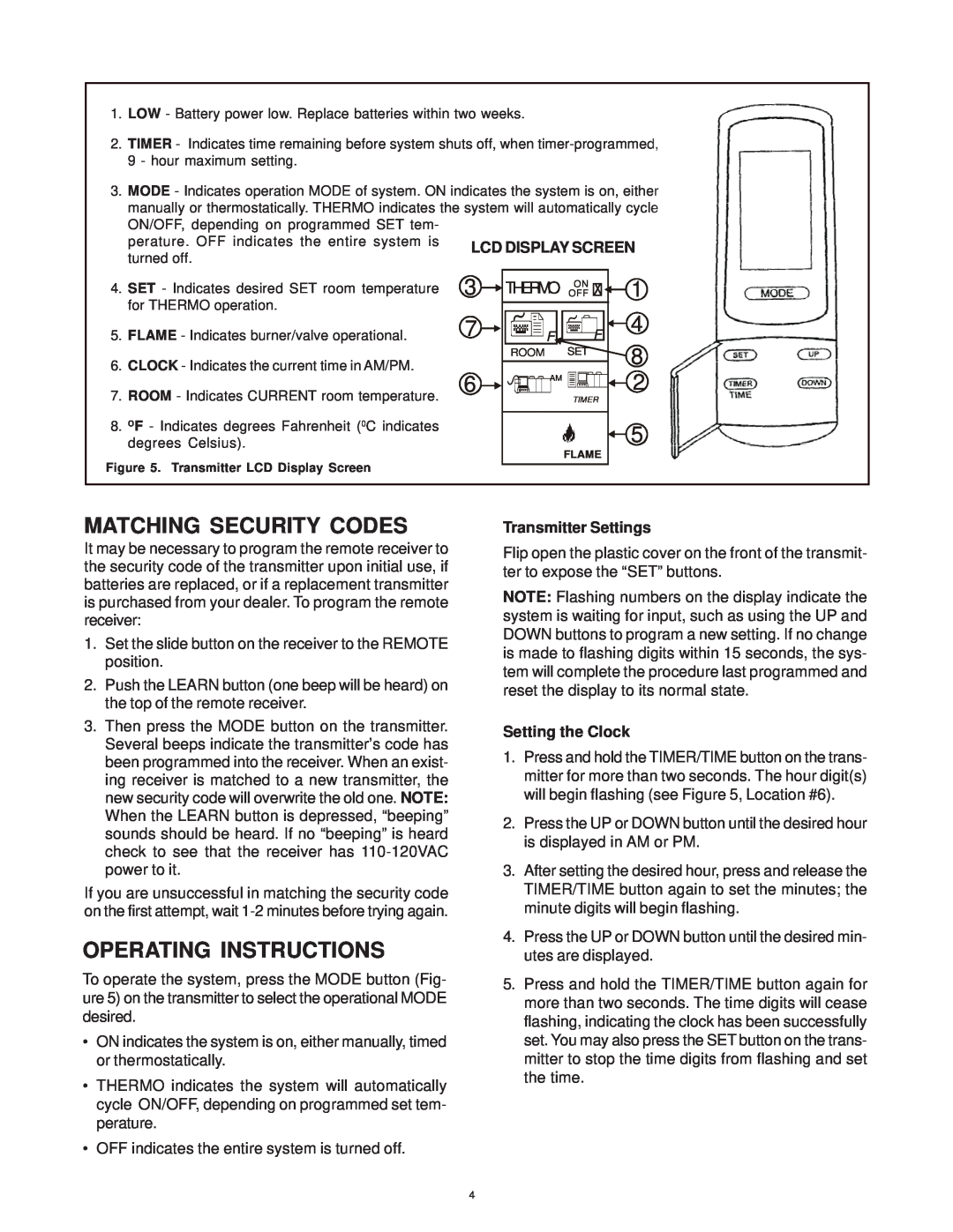 Hearth and Home Technologies SMART-STAT-II Matching Security Codes, Operating Instructions, Transmitter Settings, Thermo 