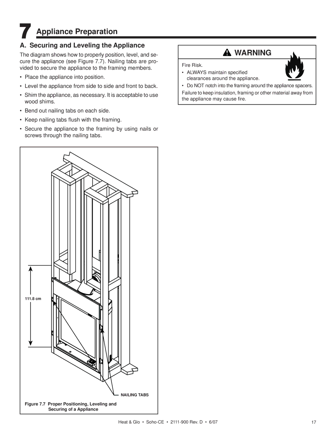 Hearth and Home Technologies SOHO-CE manual Appliance Preparation, Securing and Leveling the Appliance 