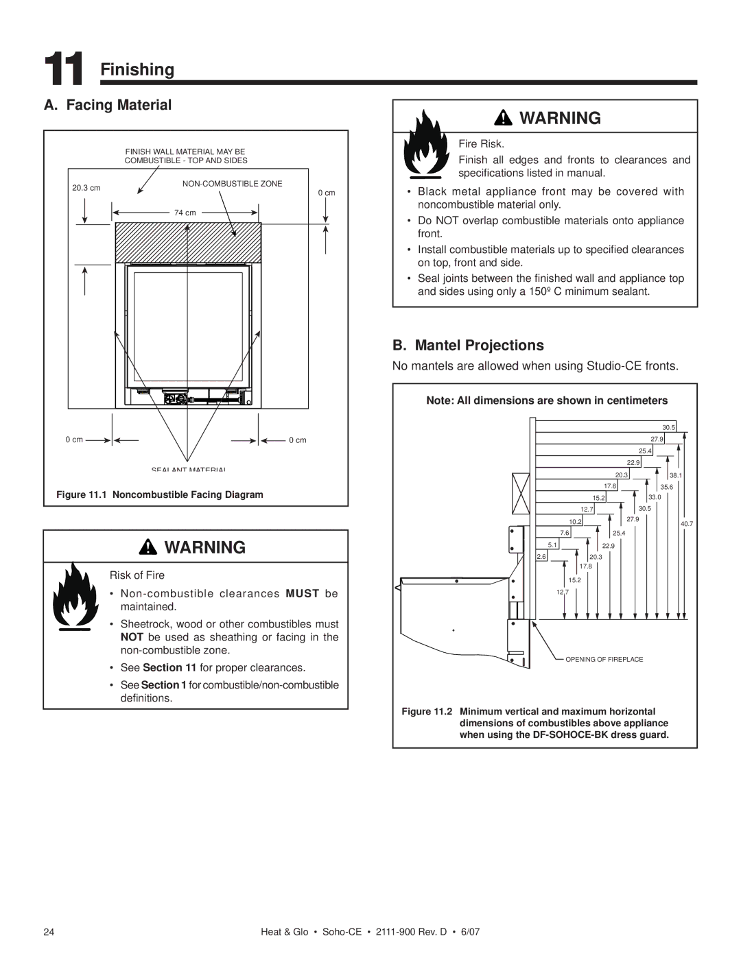 Hearth and Home Technologies SOHO-CE manual Finishing, Facing Material, Mantel Projections 