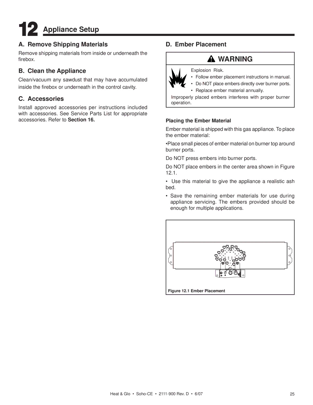 Hearth and Home Technologies SOHO-CE manual Appliance Setup, Remove Shipping Materials, Clean the Appliance, Accessories 