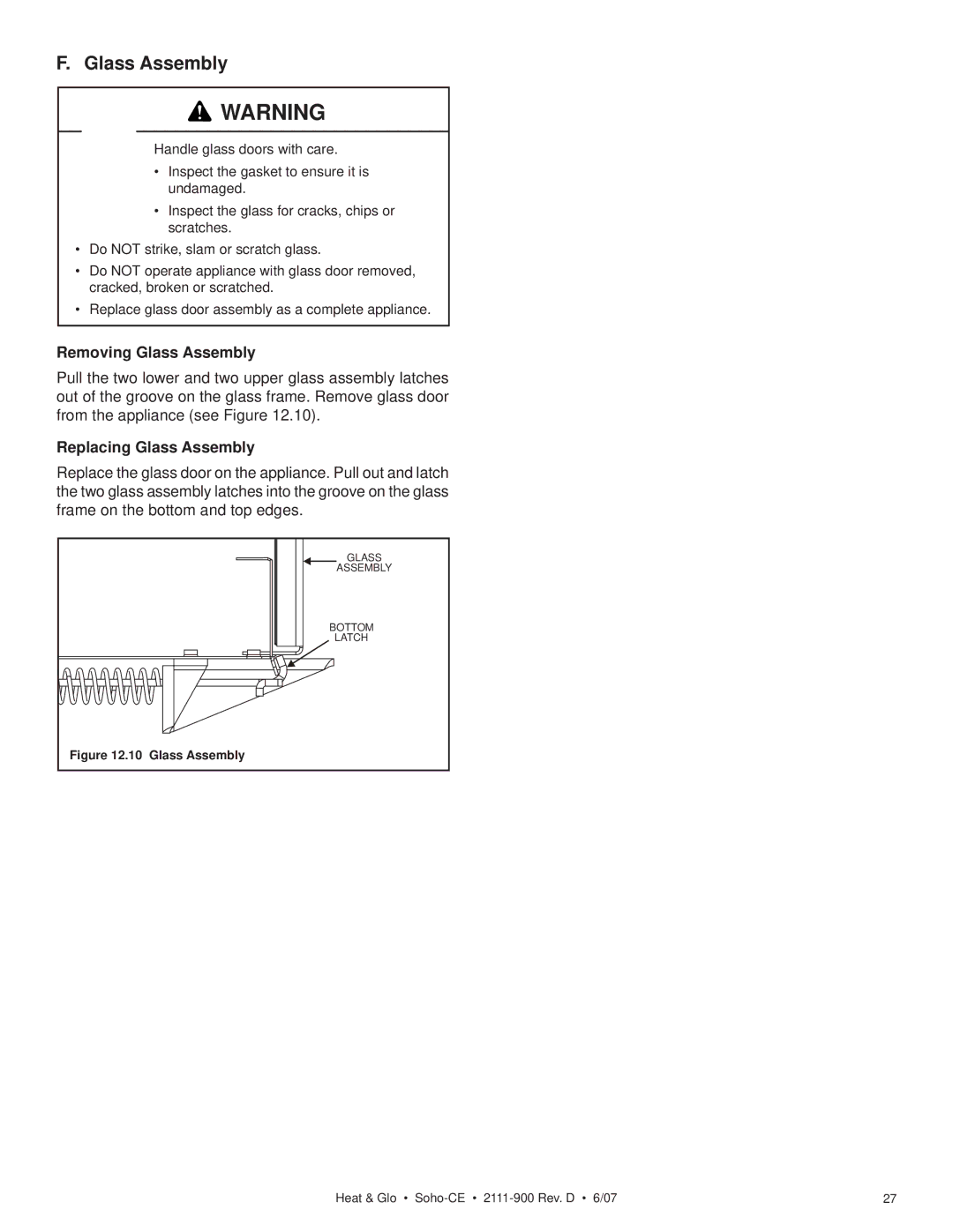 Hearth and Home Technologies SOHO-CE manual Removing Glass Assembly, Replacing Glass Assembly 