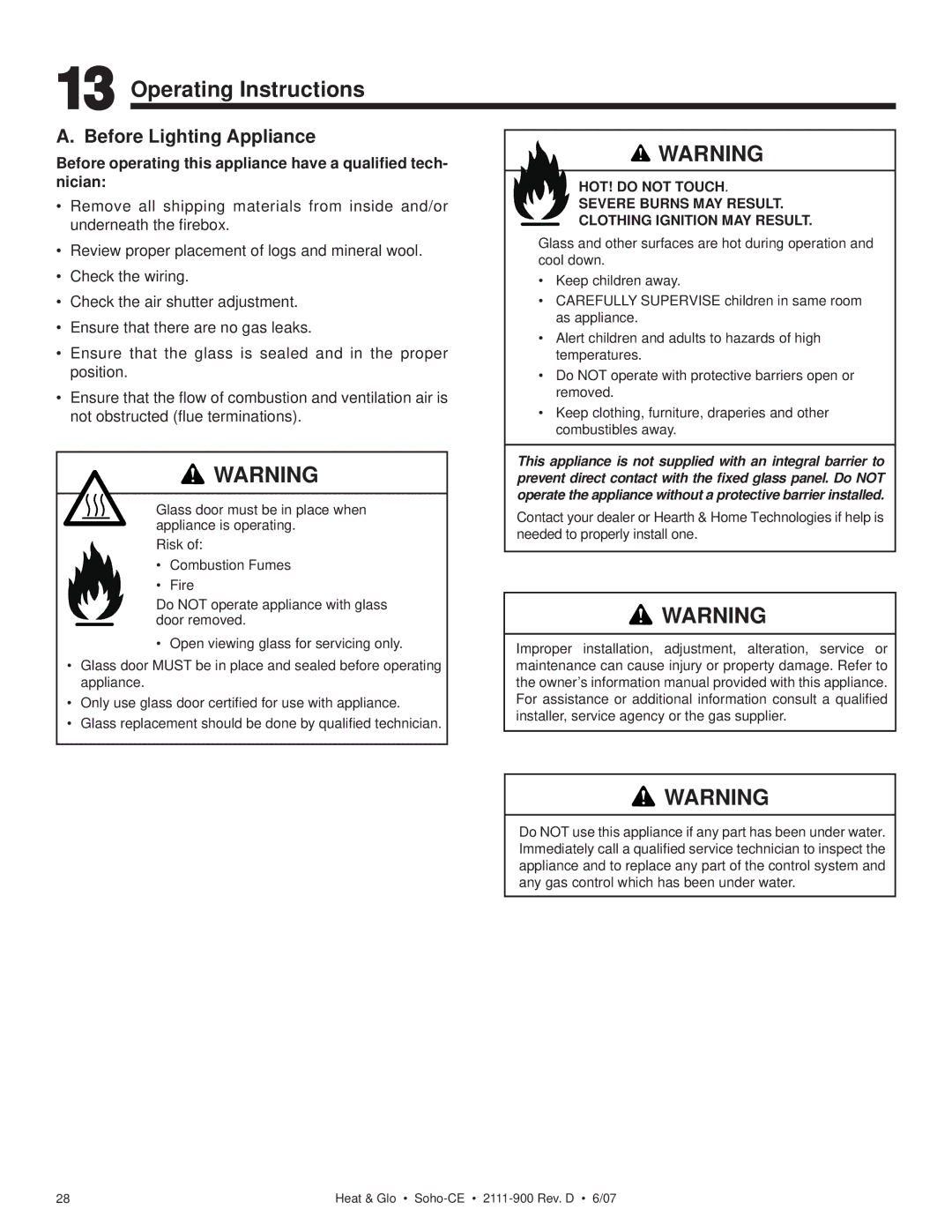 Hearth and Home Technologies SOHO-CE manual Operating Instructions, Before Lighting Appliance 