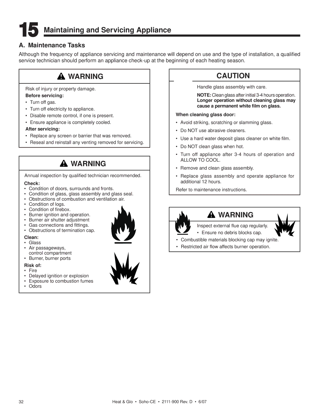 Hearth and Home Technologies SOHO-CE manual Maintaining and Servicing Appliance, Maintenance Tasks 