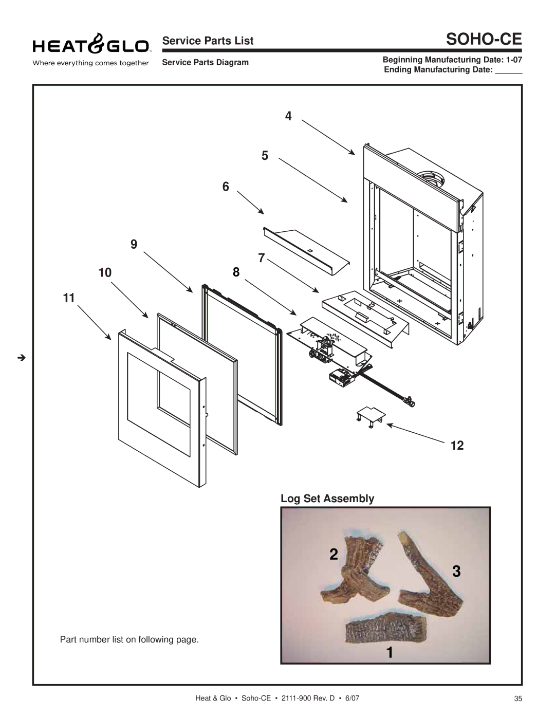 Hearth and Home Technologies SOHO-CE manual 108, Service Parts List, Log Set Assembly 