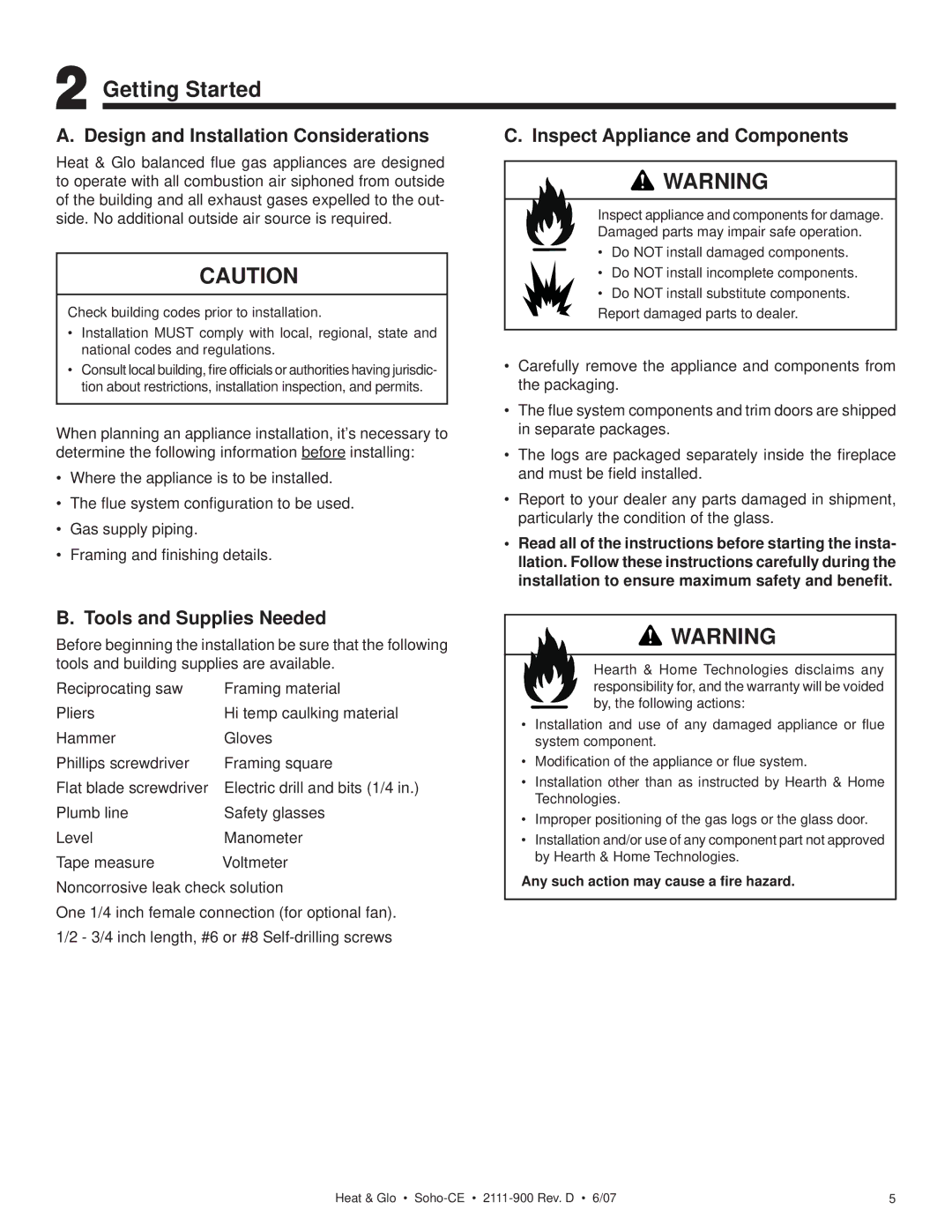 Hearth and Home Technologies SOHO-CE Getting Started, Design and Installation Considerations, Tools and Supplies Needed 