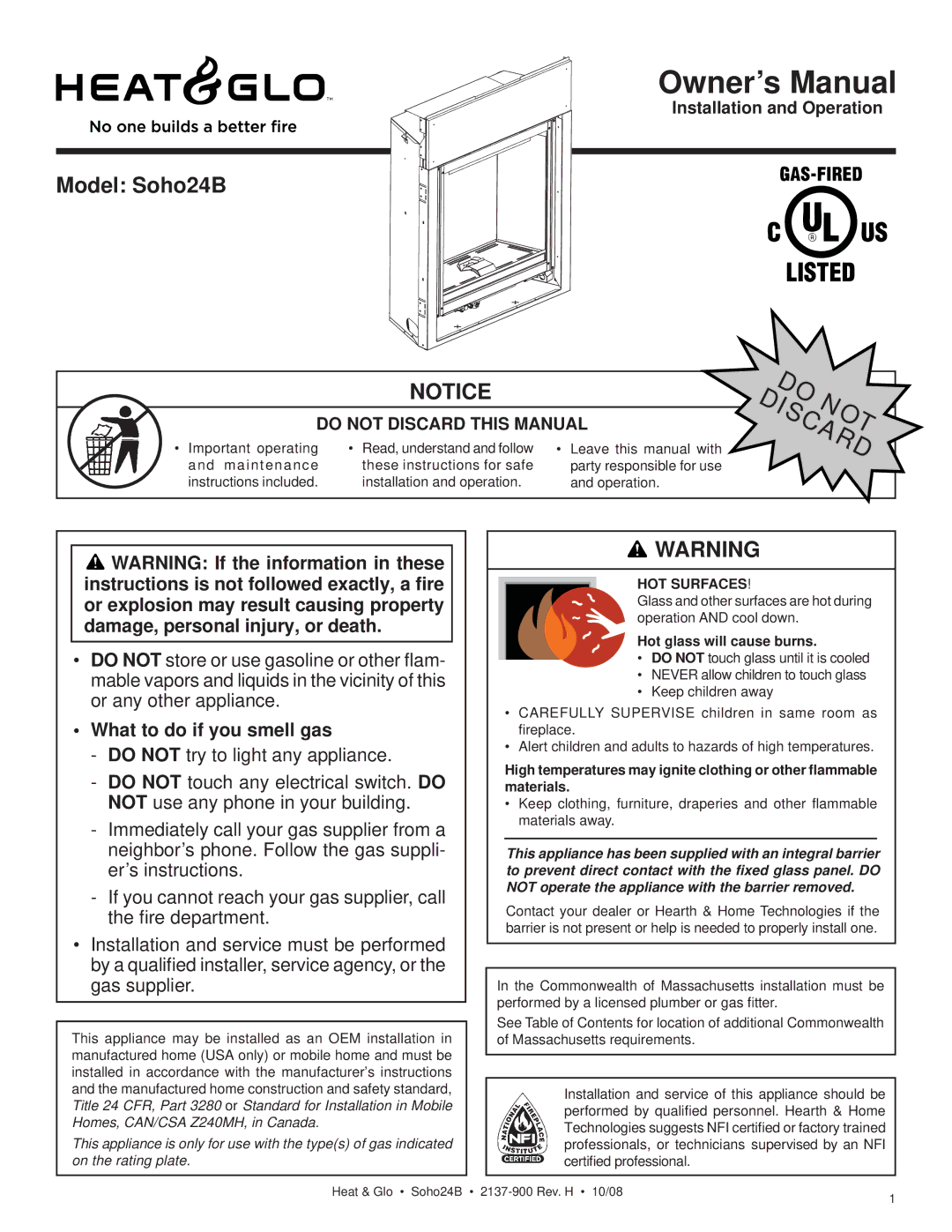 Hearth and Home Technologies owner manual Model Soho24B, What to do if you smell gas, Hot glass will cause burns 