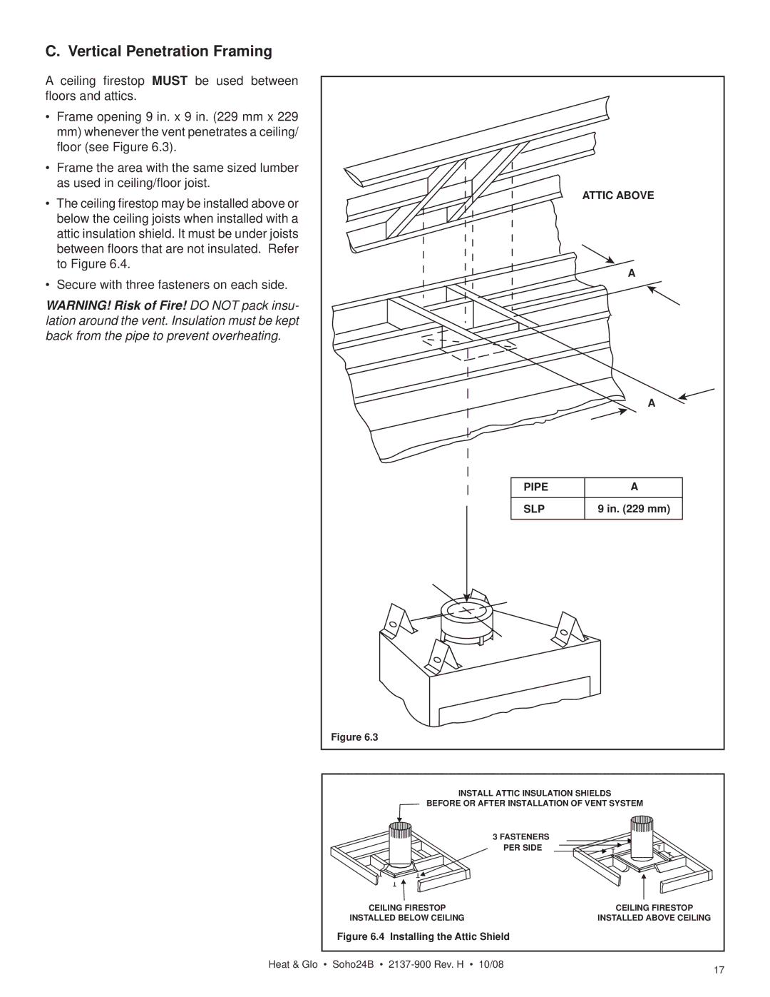 Hearth and Home Technologies Soho24B owner manual Vertical Penetration Framing, Pipe SLP 