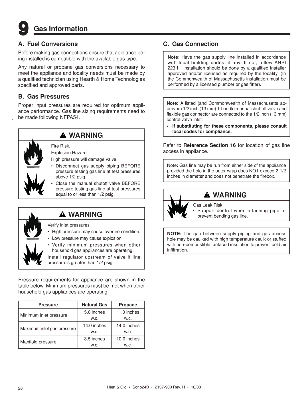 Hearth and Home Technologies Soho24B owner manual Gas Information, Fuel Conversions Gas Connection, Gas Pressures 