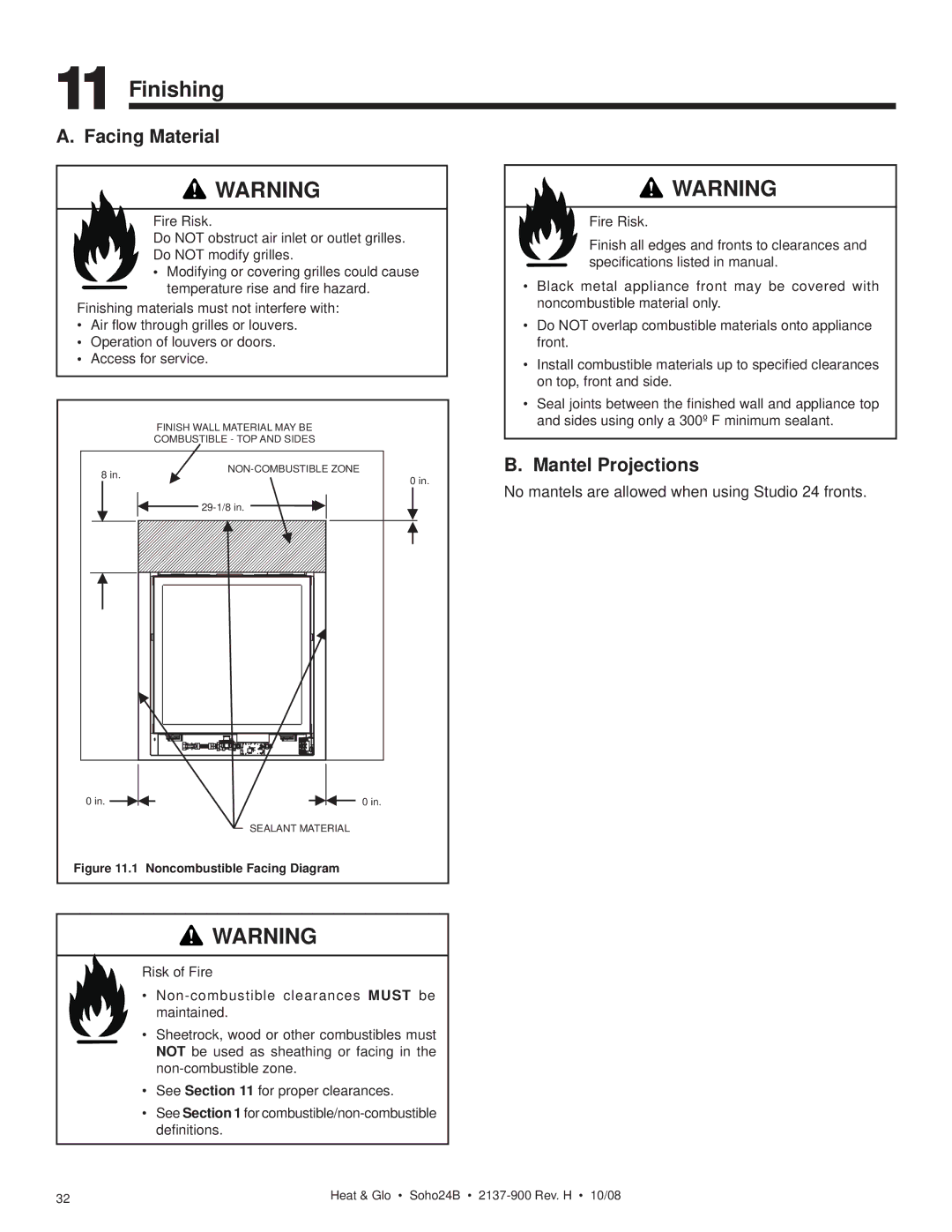 Hearth and Home Technologies Soho24B Finishing, Facing Material, See for combustible/non-combustible deﬁnitions 