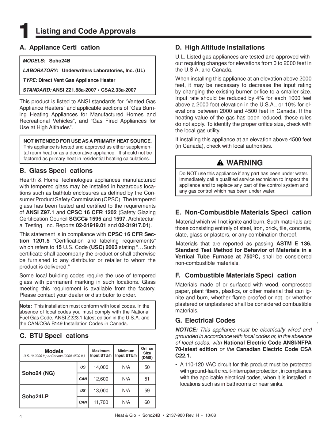 Hearth and Home Technologies Soho24B owner manual Listing and Code Approvals 