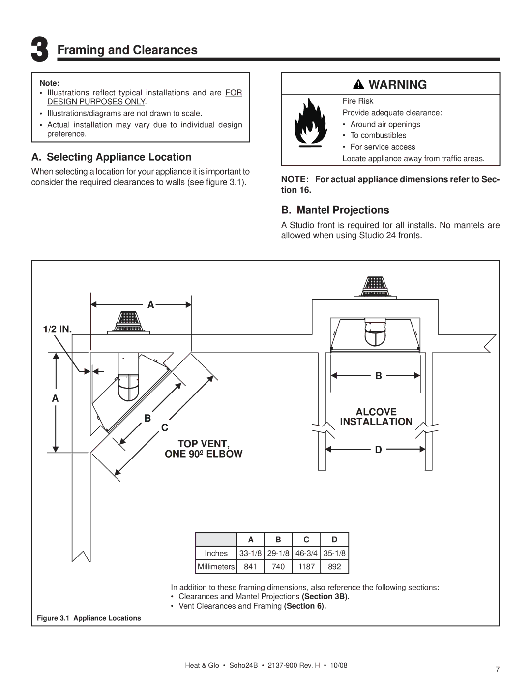 Hearth and Home Technologies Soho24B owner manual Framing and Clearances, Selecting Appliance Location, Mantel Projections 