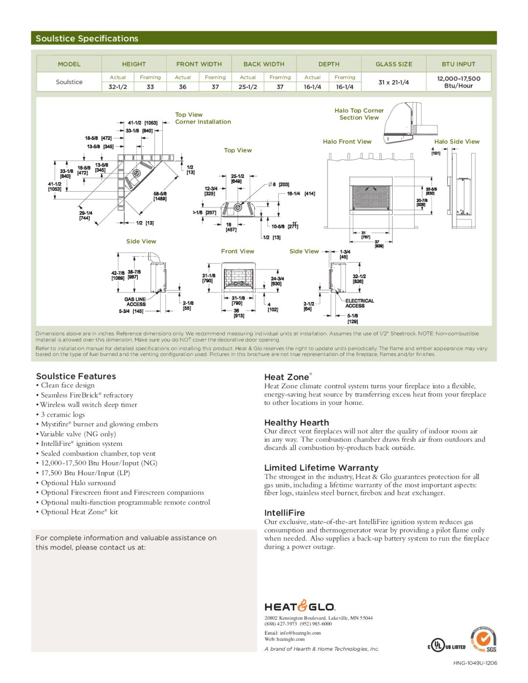 Hearth and Home Technologies SOULSTICE manual Soulstice Specifications 