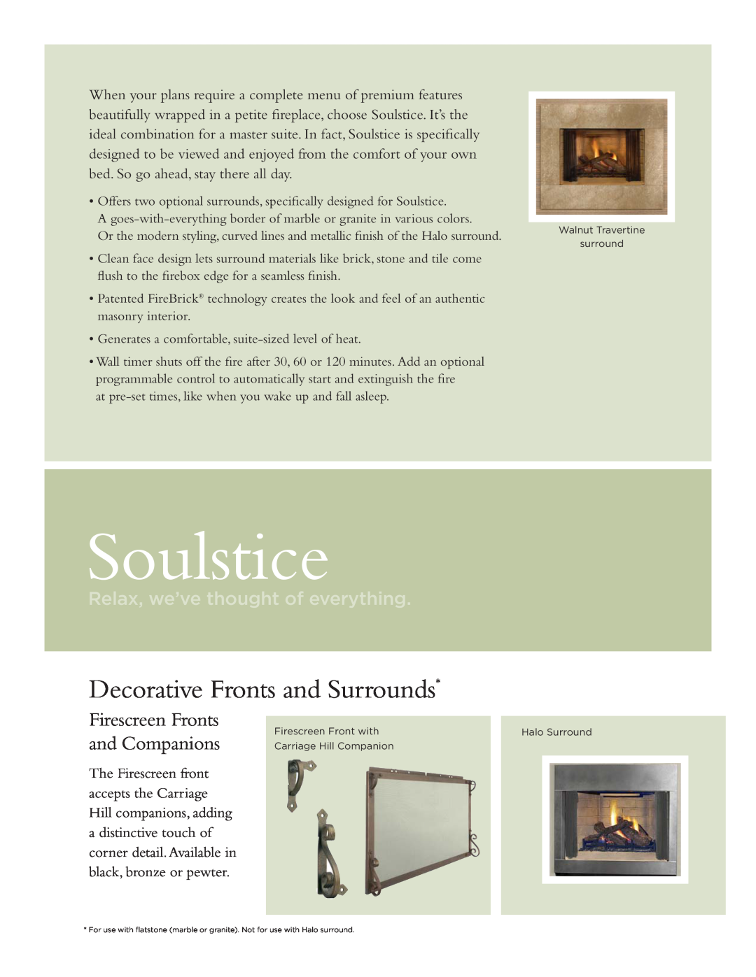 Hearth and Home Technologies SOULSTICE manual Soulstice, Decorative Fronts and Surrounds, Firescreen Fronts and Companions 