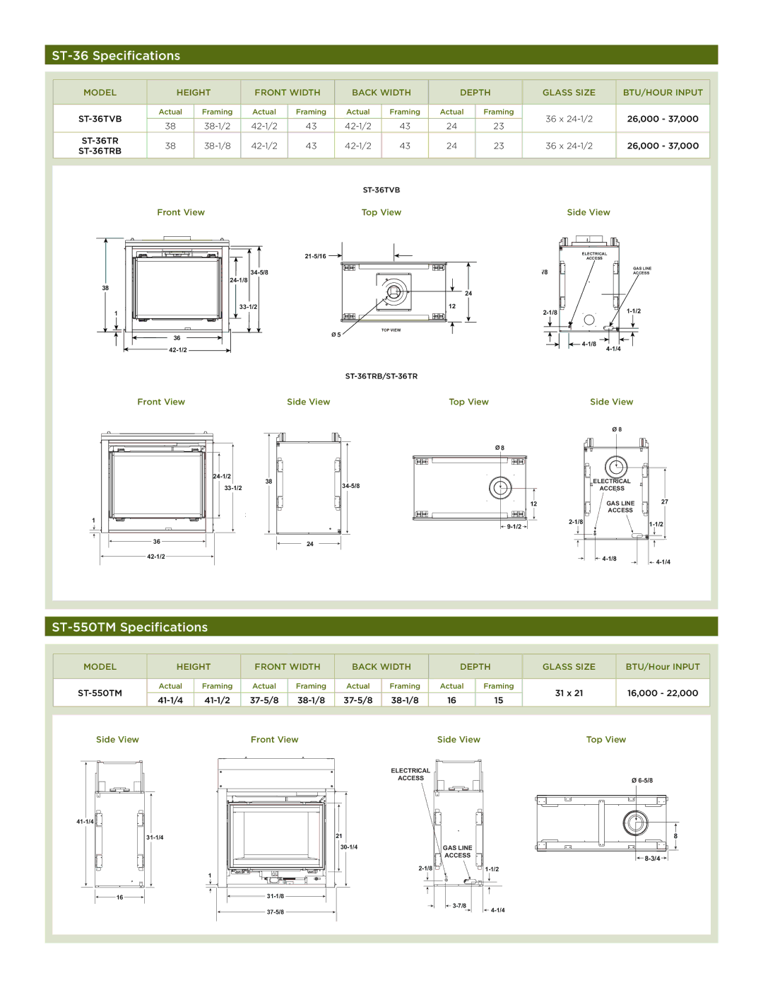 Hearth and Home Technologies manual ST-36 Specifications, ST-550TM Specifications, ST-36TVB, ST-36TRB 