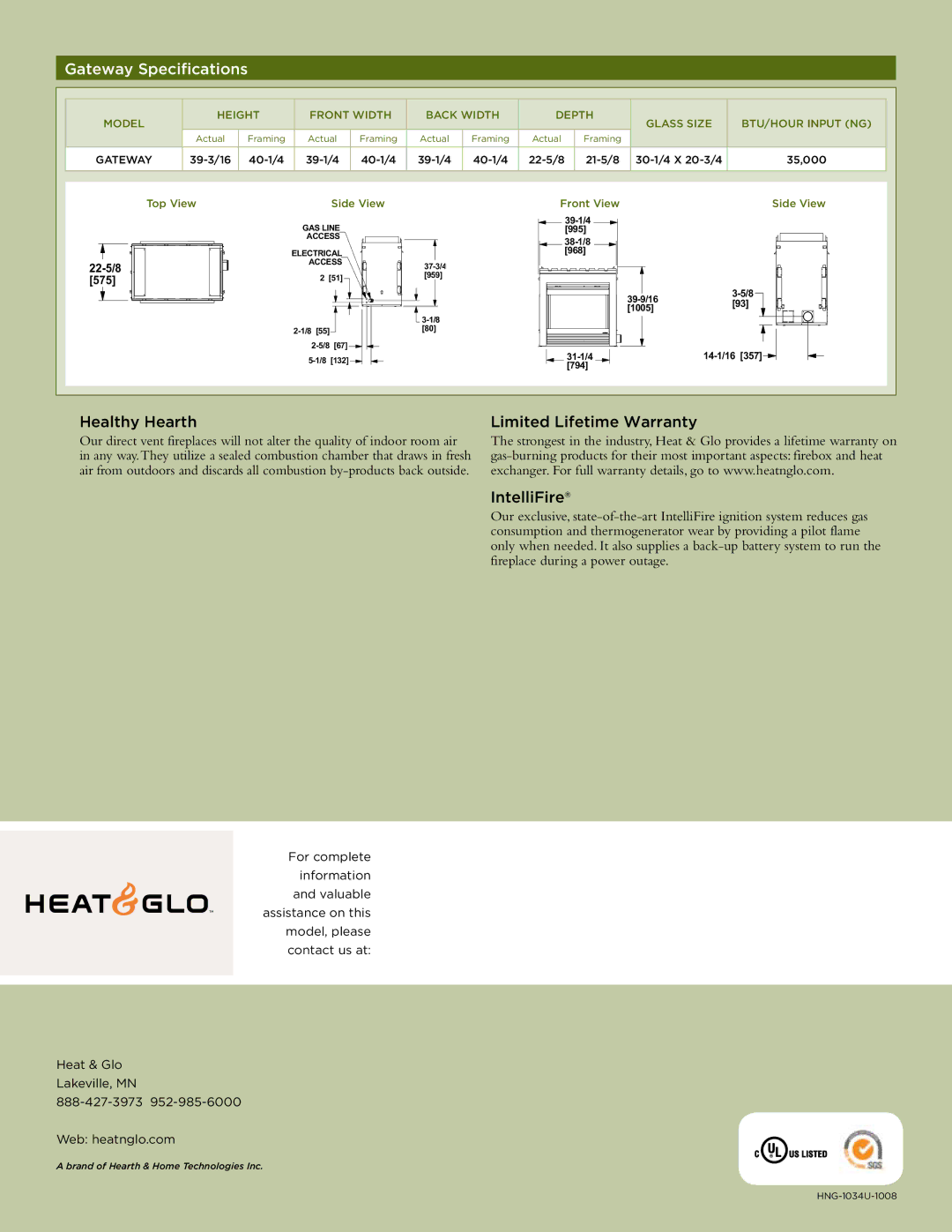 Hearth and Home Technologies ST-36TR manual Gateway Specifications, Healthy Hearth, Limited Lifetime Warranty IntelliFire 