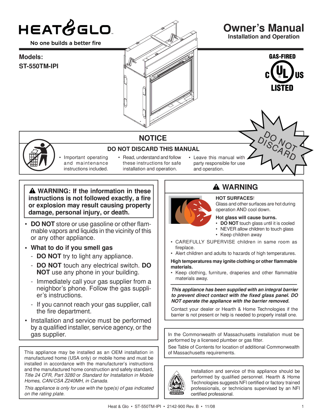 Hearth and Home Technologies ST-550TM-IPI owner manual Models, What to do if you smell gas 