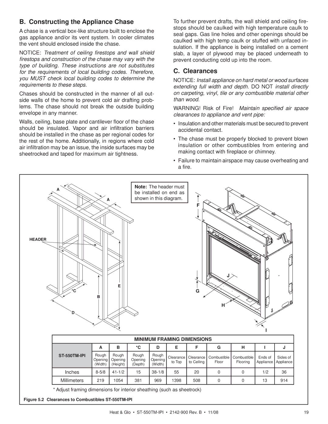 Hearth and Home Technologies ST-550TM-IPI owner manual Constructing the Appliance Chase, Clearances 