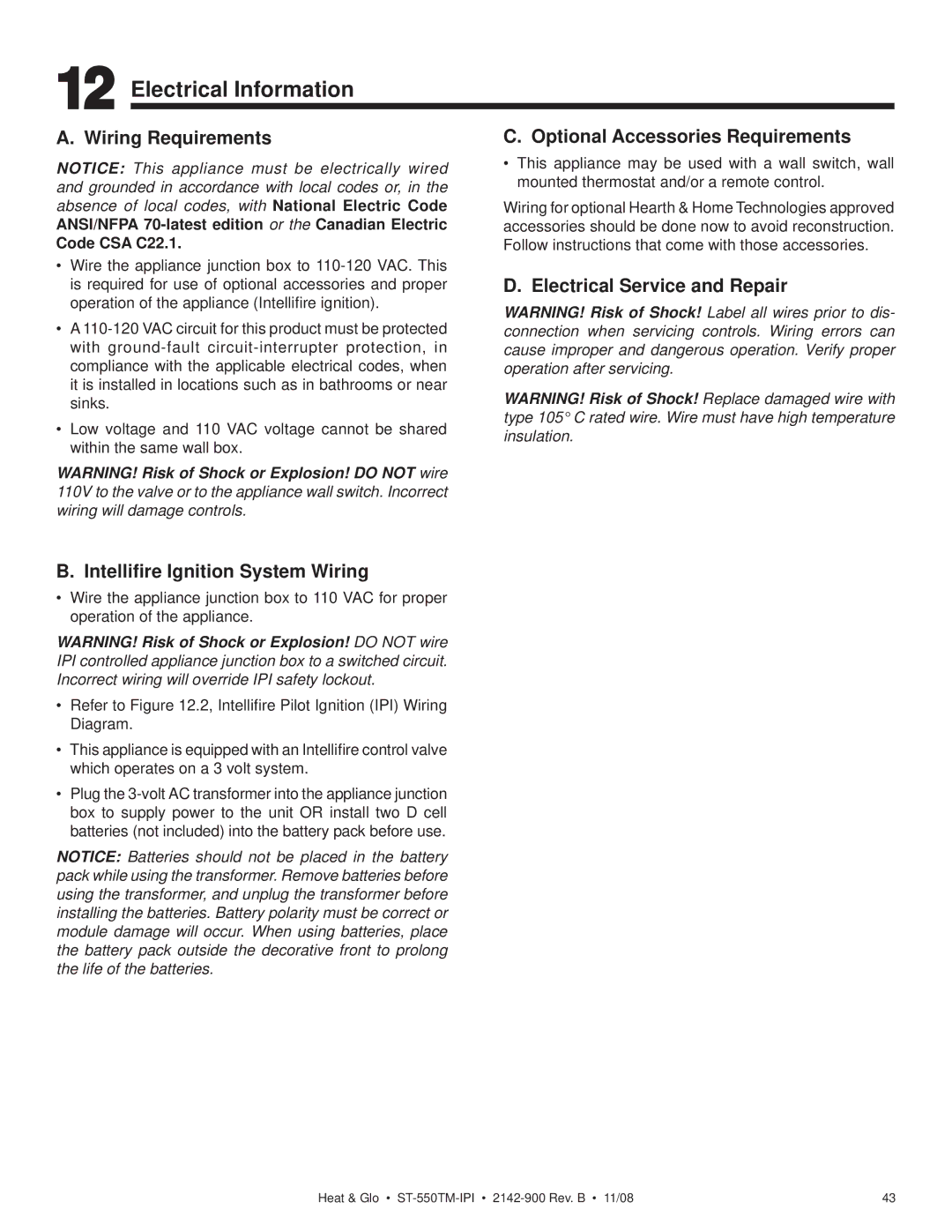 Hearth and Home Technologies ST-550TM-IPI Electrical Information, Wiring Requirements, Intelliﬁre Ignition System Wiring 