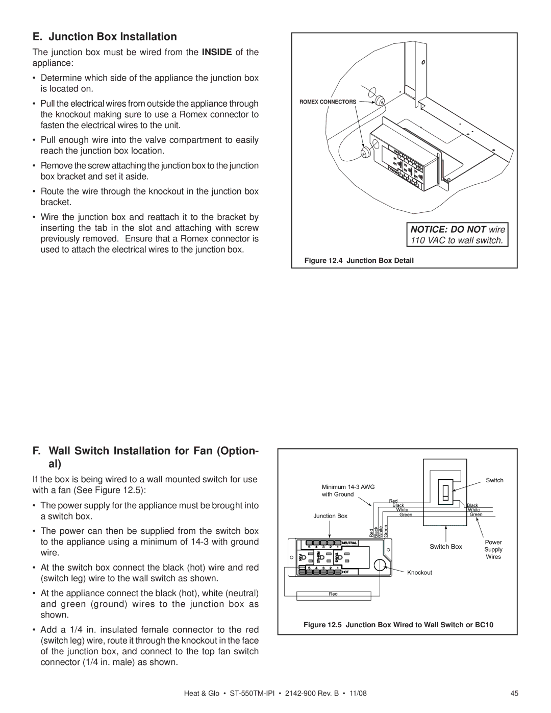 Hearth and Home Technologies ST-550TM-IPI owner manual Junction Box Installation, Wall Switch Installation for Fan Option 