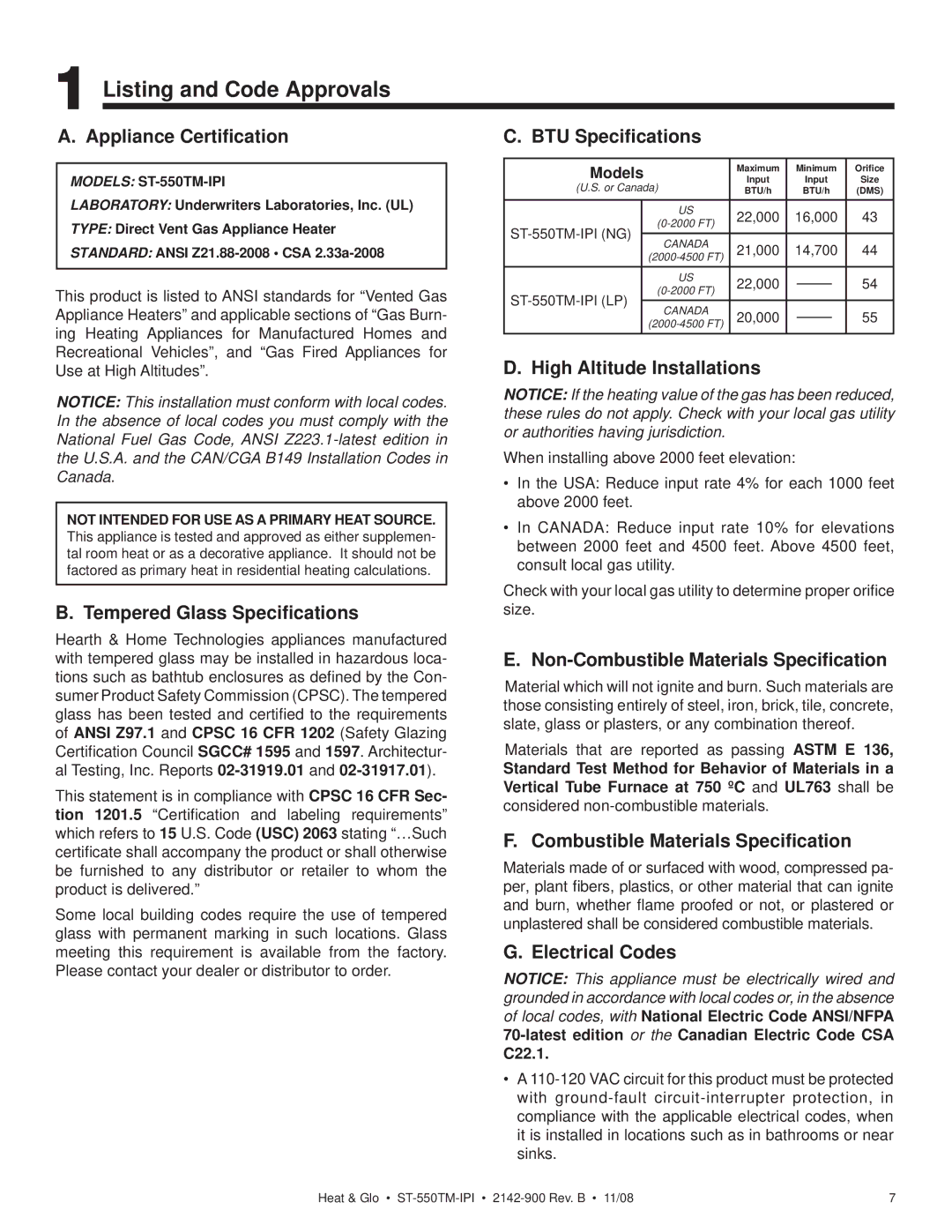 Hearth and Home Technologies ST-550TM-IPI owner manual Listing and Code Approvals 