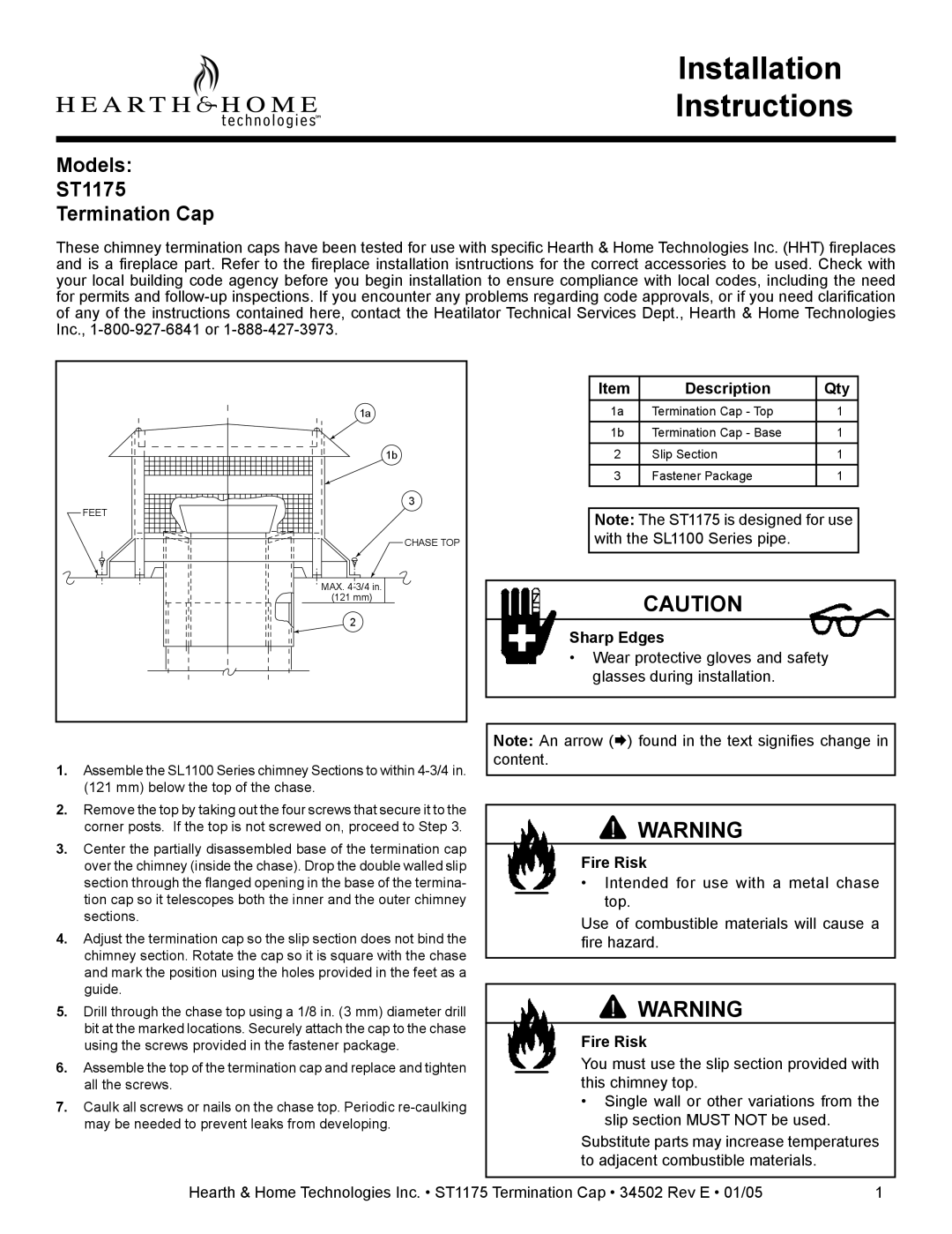 Hearth and Home Technologies installation instructions Installation Instructions, Models ST1175 Termination Cap 