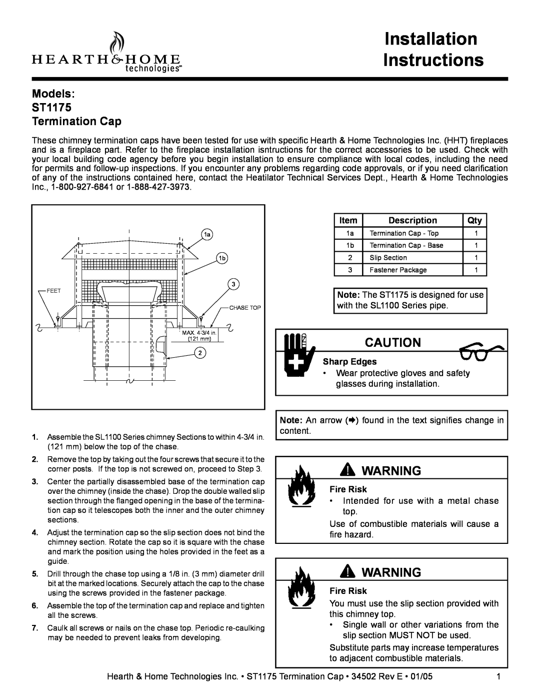 Hearth and Home Technologies installation instructions Installation Instructions, Models ST1175 Termination Cap 