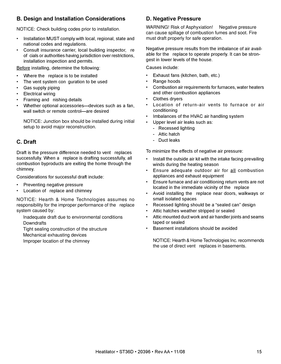 Hearth and Home Technologies ST36D owner manual Design and Installation Considerations, Draft, Negative Pressure 