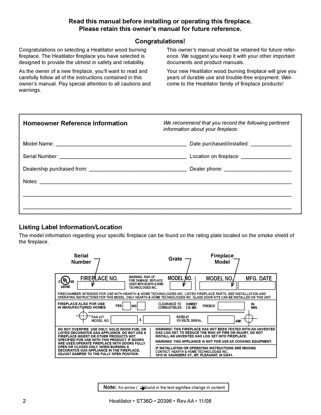 Hearth and Home Technologies ST36D owner manual Listing Label Information/Location, Grate, Number 