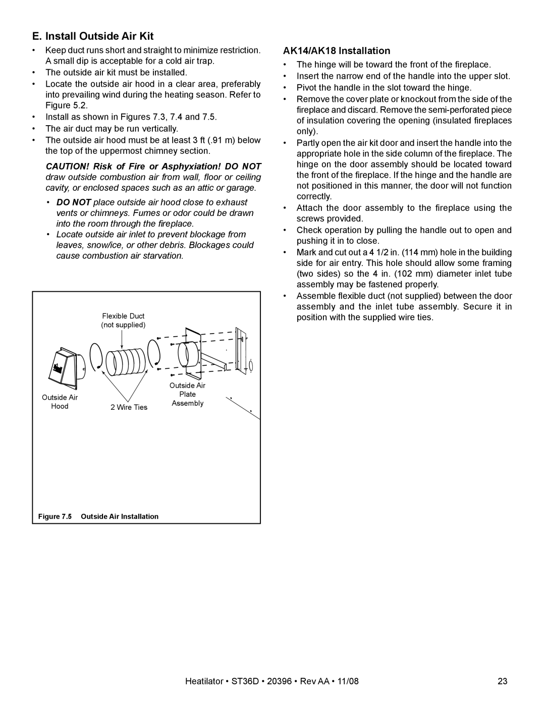 Hearth and Home Technologies ST36D owner manual Install Outside Air Kit, AK14/AK18 Installation 