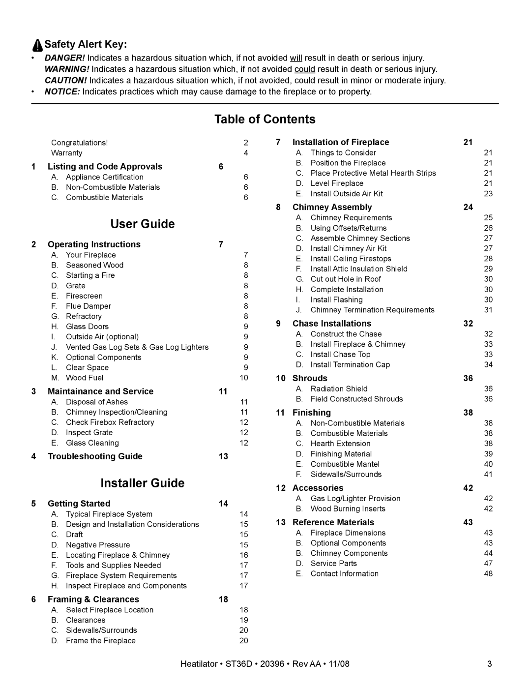 Hearth and Home Technologies ST36D owner manual Table of Contents, User Guide, Installer Guide 