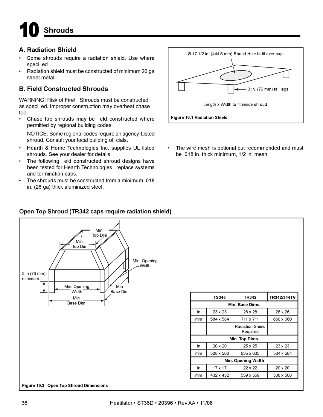 Hearth and Home Technologies ST36D owner manual Radiation Shield, Field Constructed Shrouds 