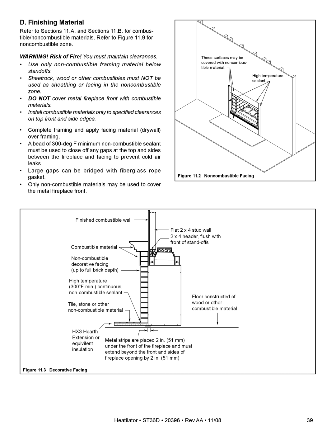 Hearth and Home Technologies ST36D owner manual Finishing Material, Noncombustible Facing 