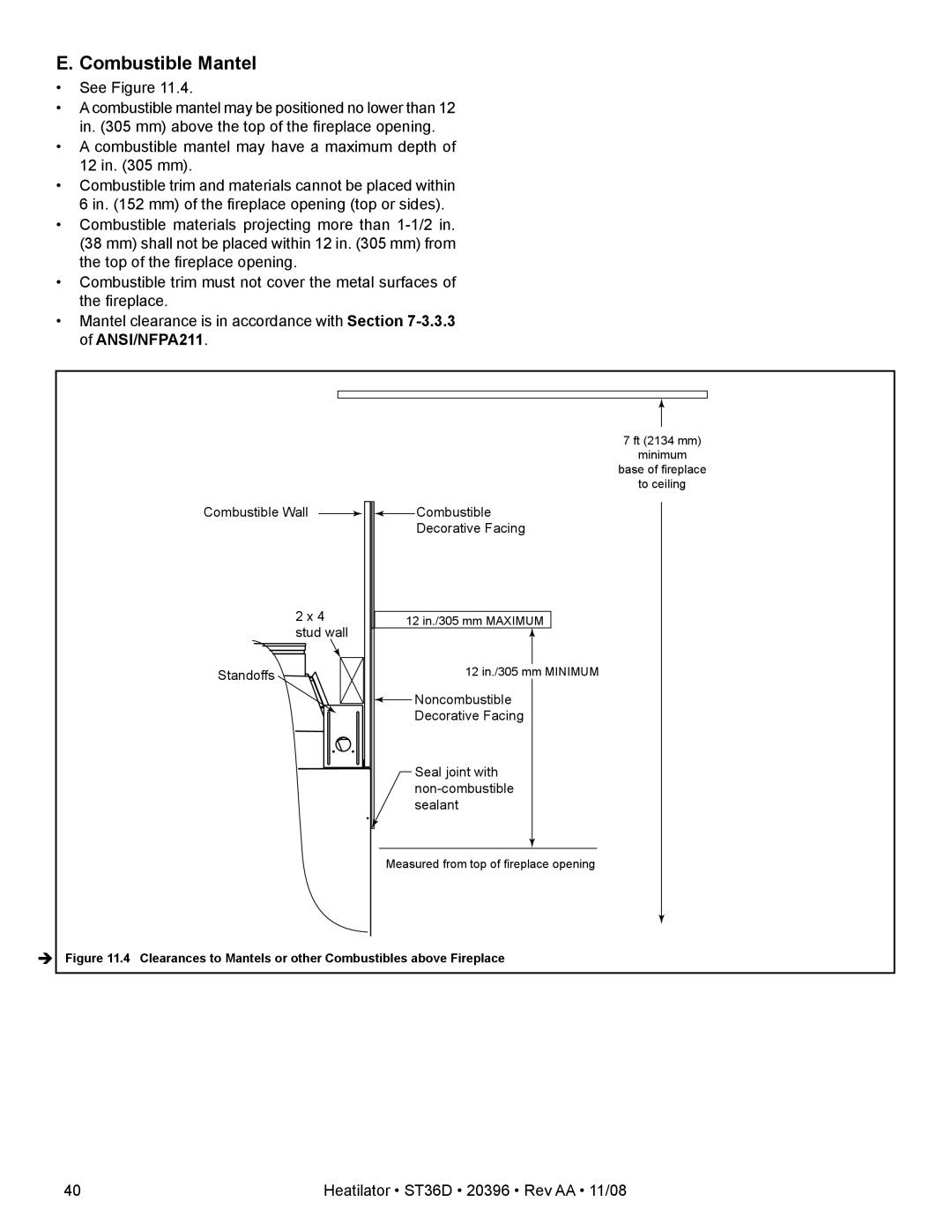 Hearth and Home Technologies ST36D Combustible Mantel, Clearances to Mantels or other Combustibles above Fireplace 