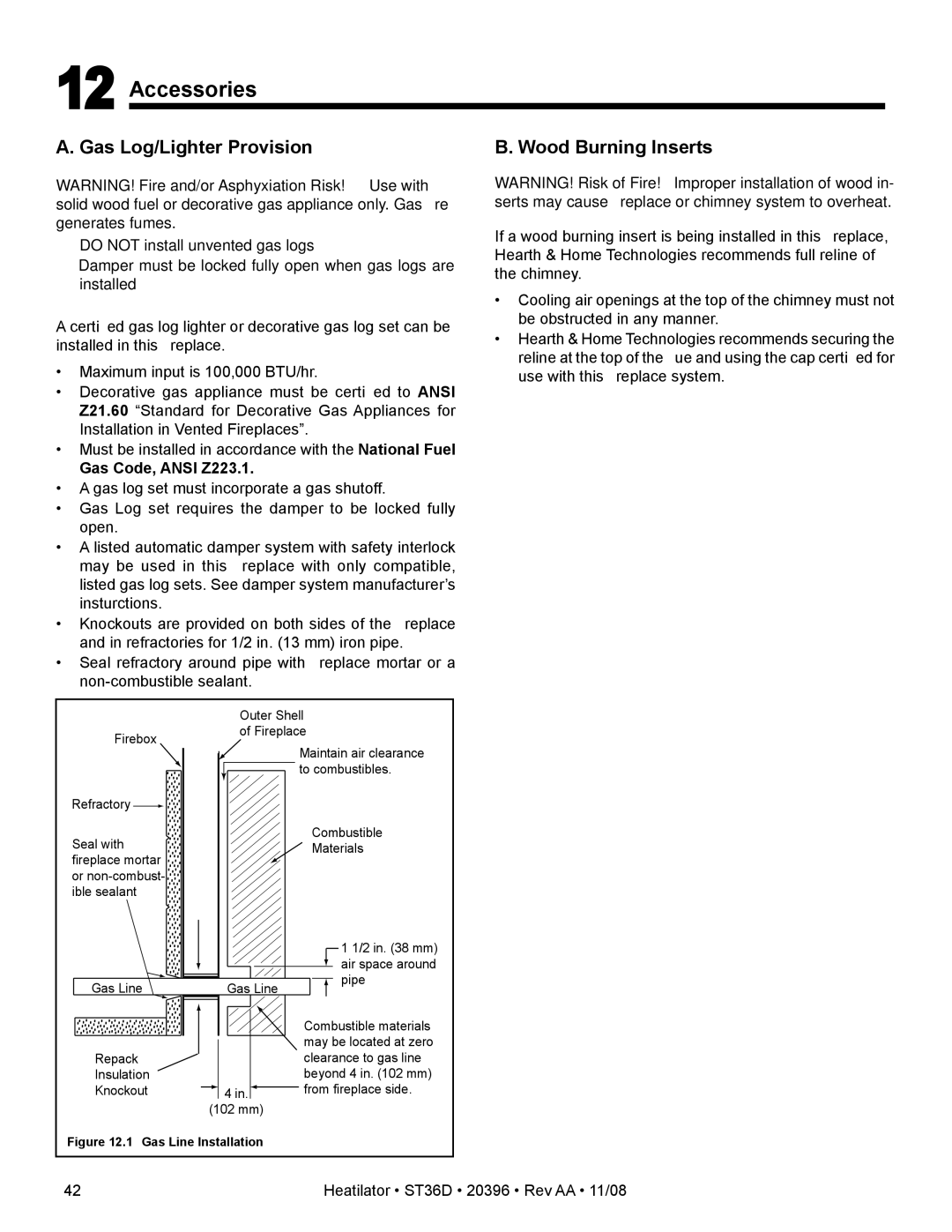 Hearth and Home Technologies ST36D Accessories, Gas Log/Lighter Provision, Wood Burning Inserts, Gas Code, Ansi Z223.1 