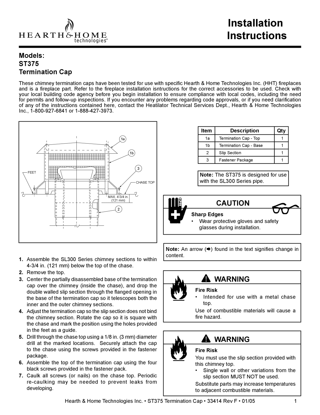 Hearth and Home Technologies installation instructions Installation Instructions, Models ST375 Termination Cap 