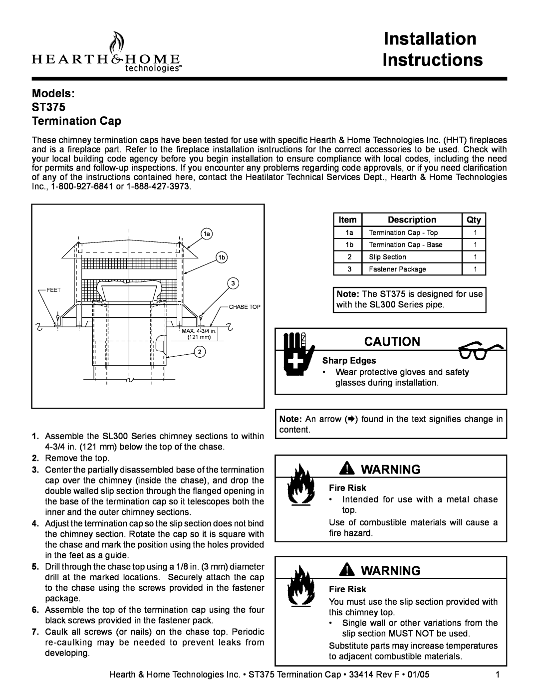 Hearth and Home Technologies installation instructions Installation Instructions, Models ST375 Termination Cap 