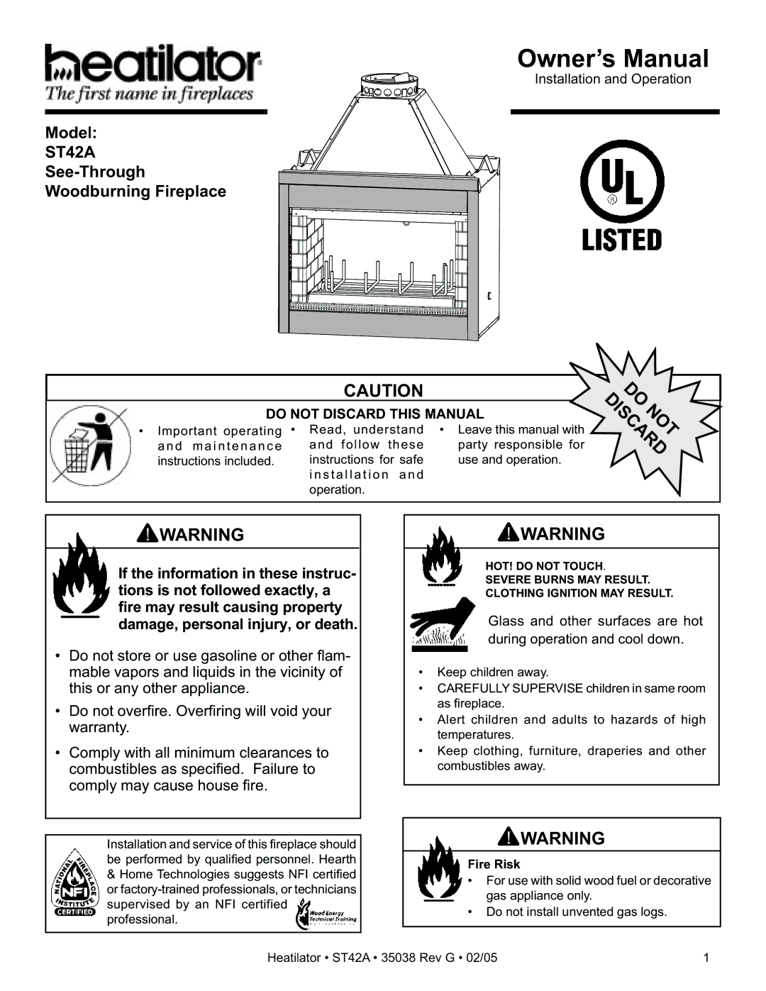 Hearth and Home Technologies ST42A owner manual Fire Risk 