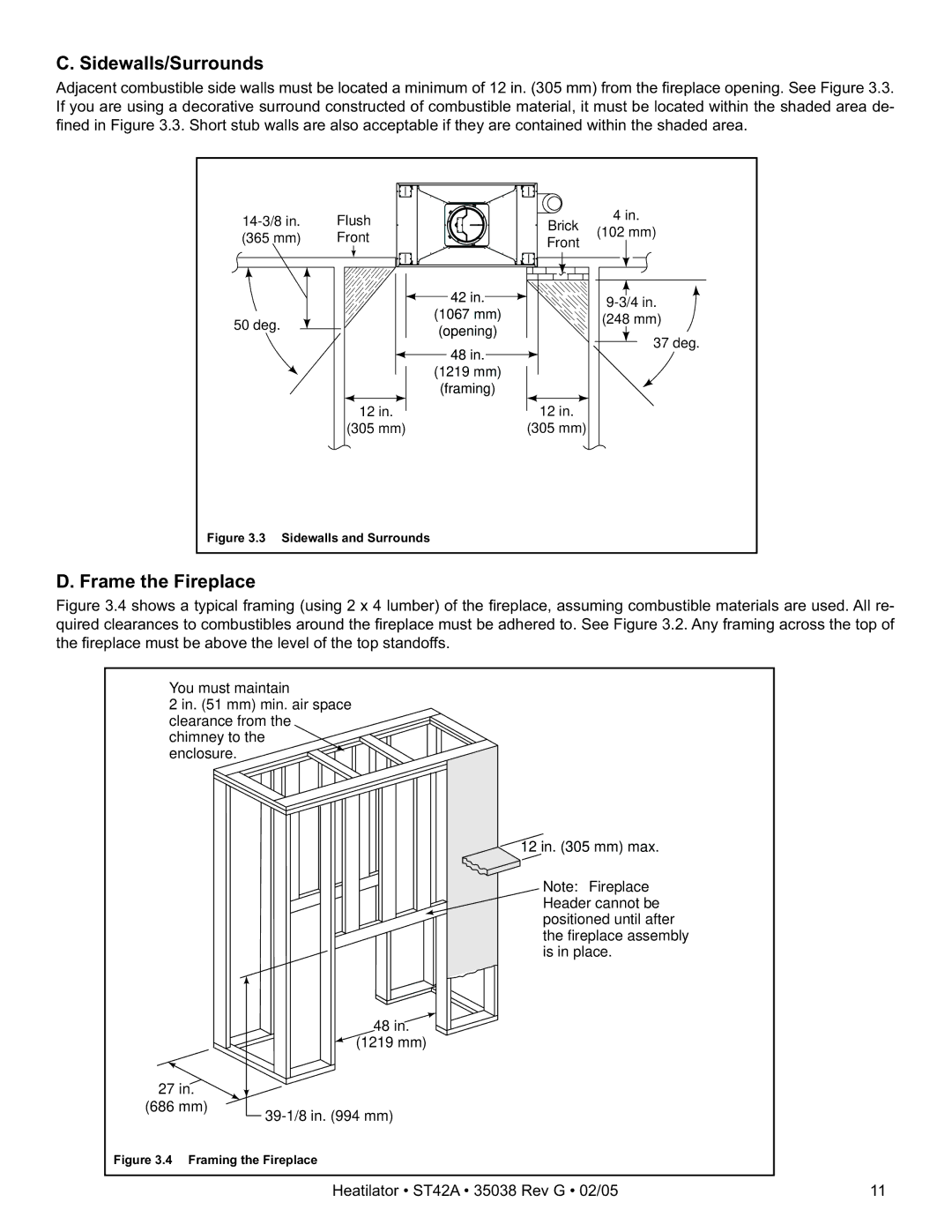 Hearth and Home Technologies ST42A owner manual Sidewalls/Surrounds, Frame the Fireplace 