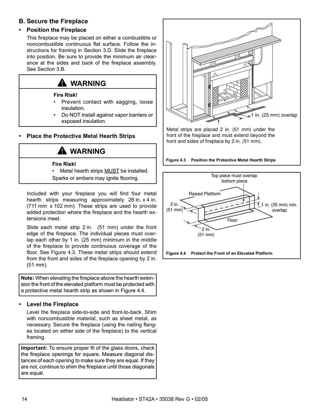 Hearth and Home Technologies ST42A Secure the Fireplace, Position the Fireplace, Place the Protective Metal Hearth Strips 