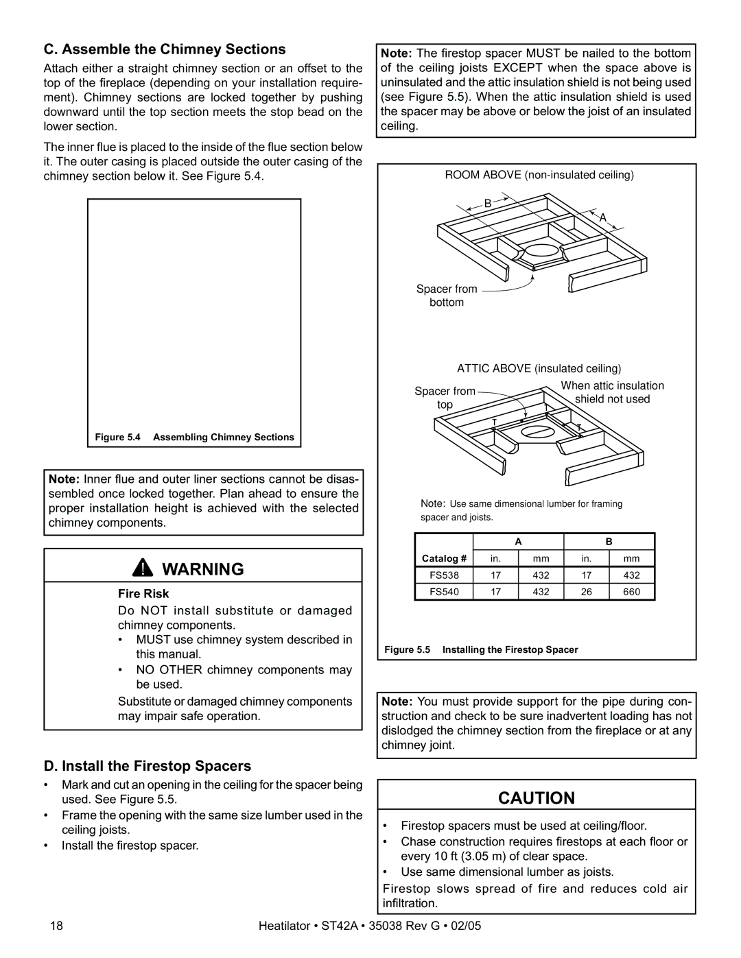 Hearth and Home Technologies ST42A owner manual Assemble the Chimney Sections, Install the Firestop Spacers 