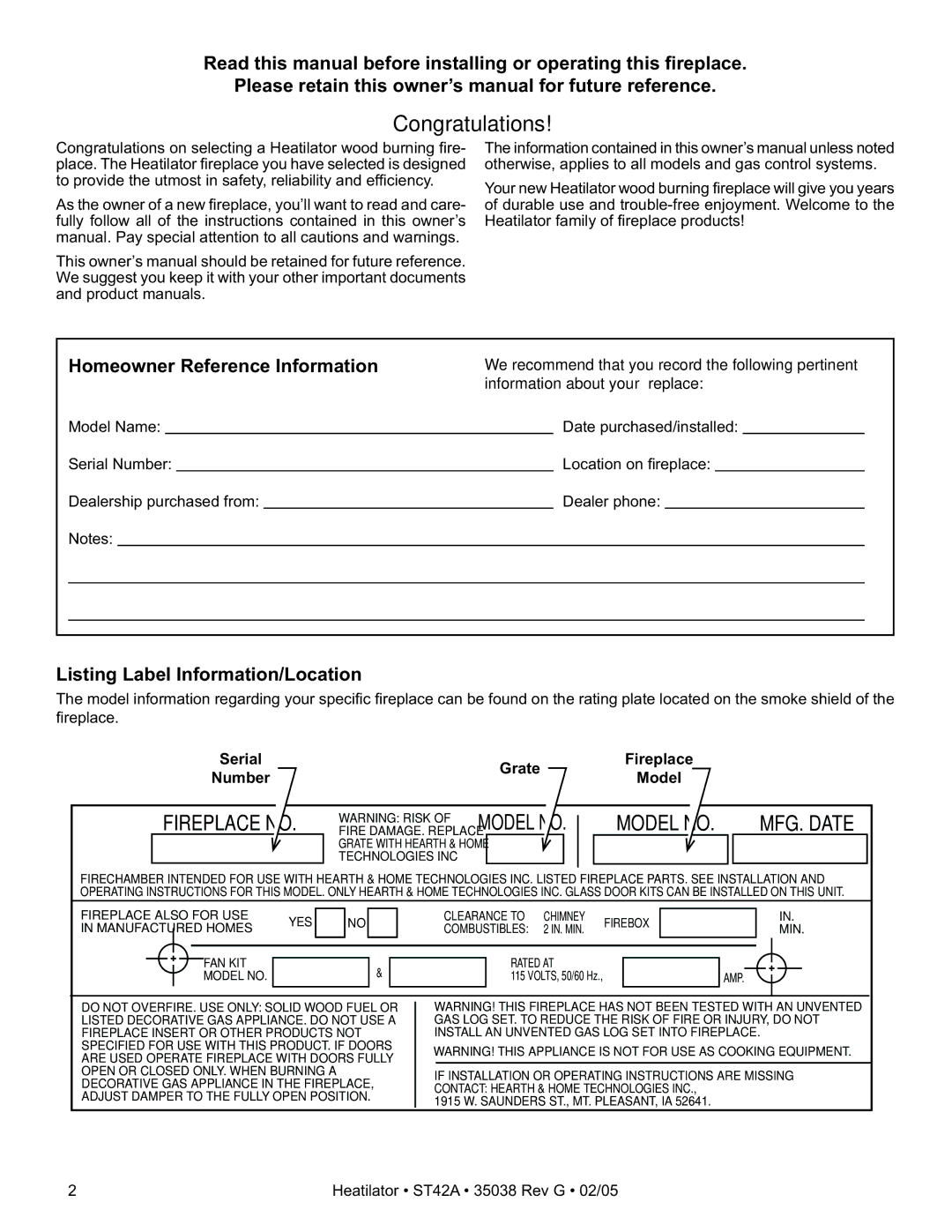 Hearth and Home Technologies ST42A Homeowner Reference Information, Listing Label Information/Location, Grate, Number 