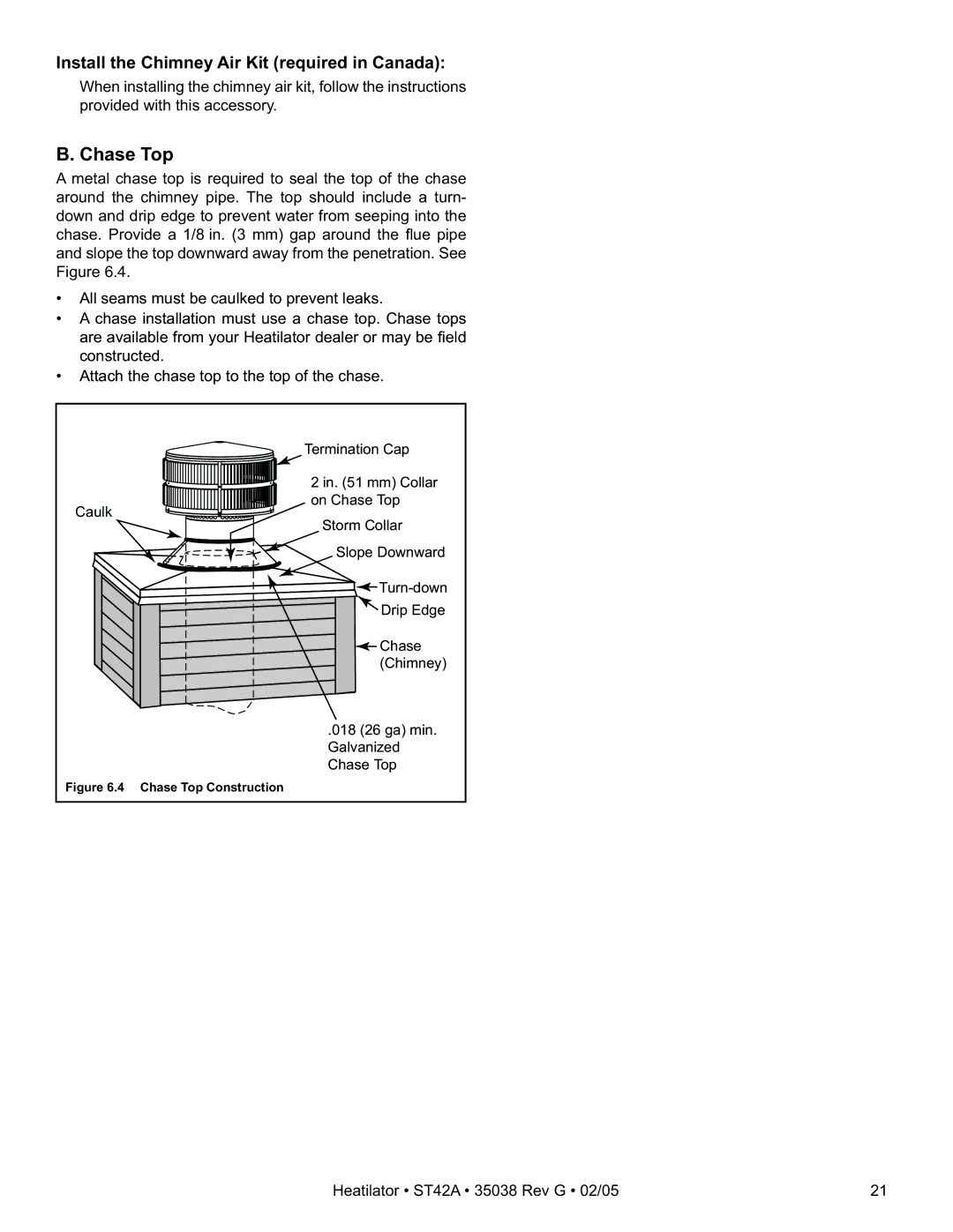 Hearth and Home Technologies ST42A owner manual Chase Top, Install the Chimney Air Kit required in Canada 