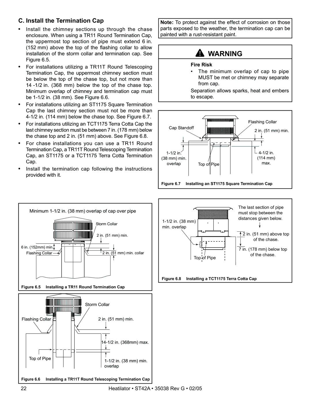 Hearth and Home Technologies ST42A owner manual Install the Termination Cap, Installing an ST1175 Square Termination Cap 